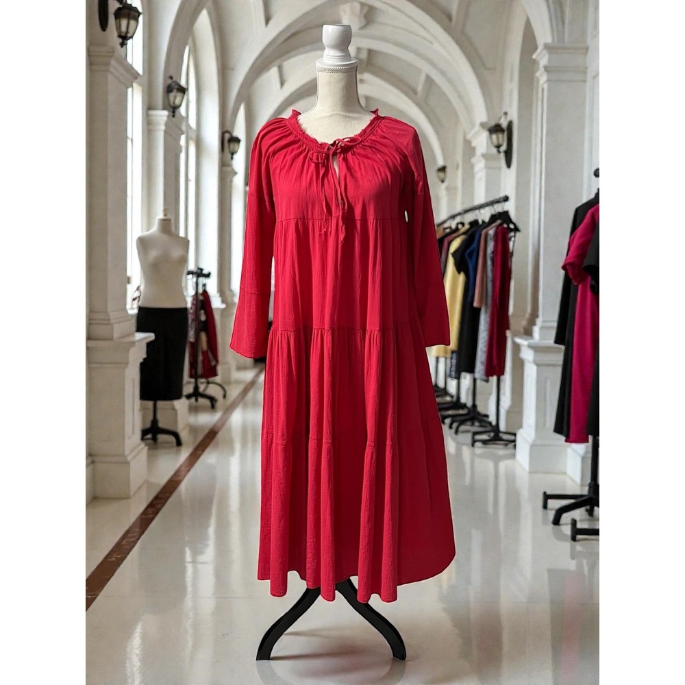 9 Seed Province Dress Red Tiered Cotton Boho Midi Made‎ in USA